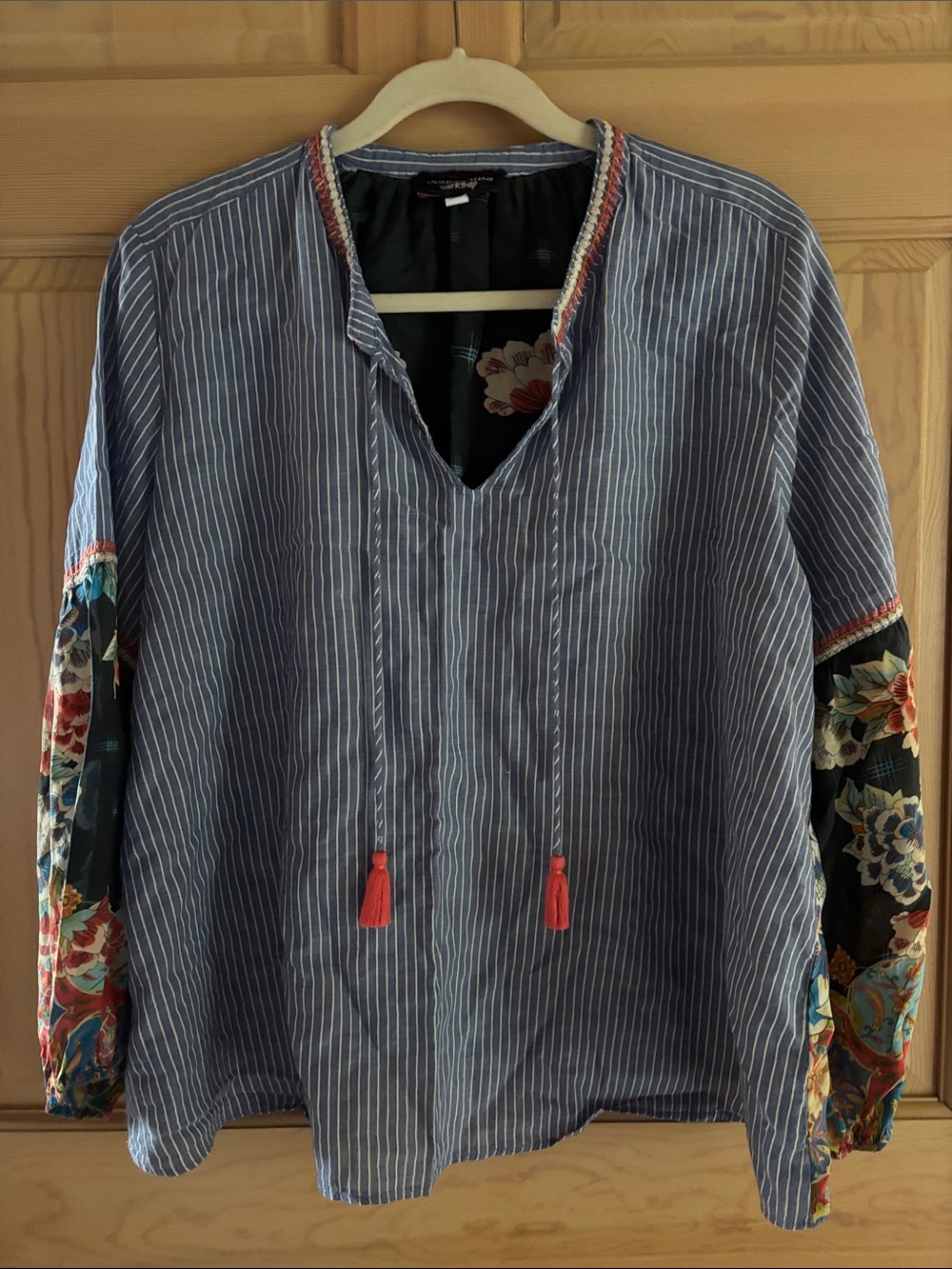 Johnny WasCasual Blue Striped Shirt with Floral Accent Sleeve and Back Floral